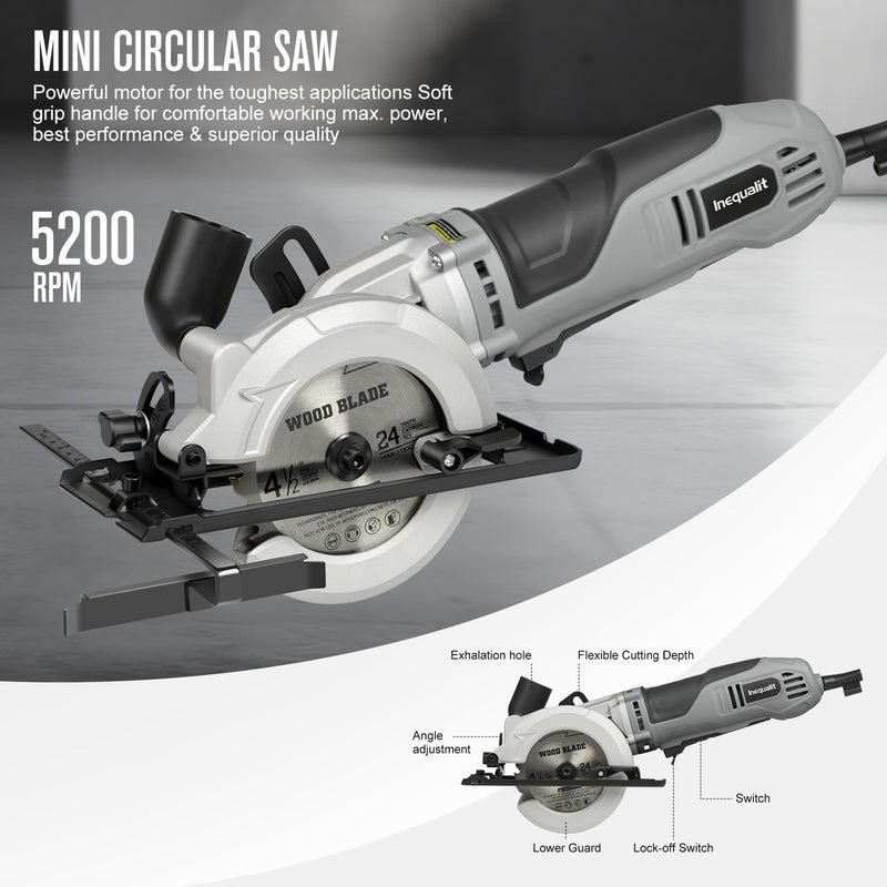 Inequalit 710W Mini Circular Saw, 5200RPM 6Amp Corded Compact Saw with 4-1/2" 24T TCT & 60T HSS Blade, Parallel Guide Ruler, Allen Wrench, Vacuum Adapter, Max Cutting Depth 1-2/3"(90°) 1''(45°) - Image 2